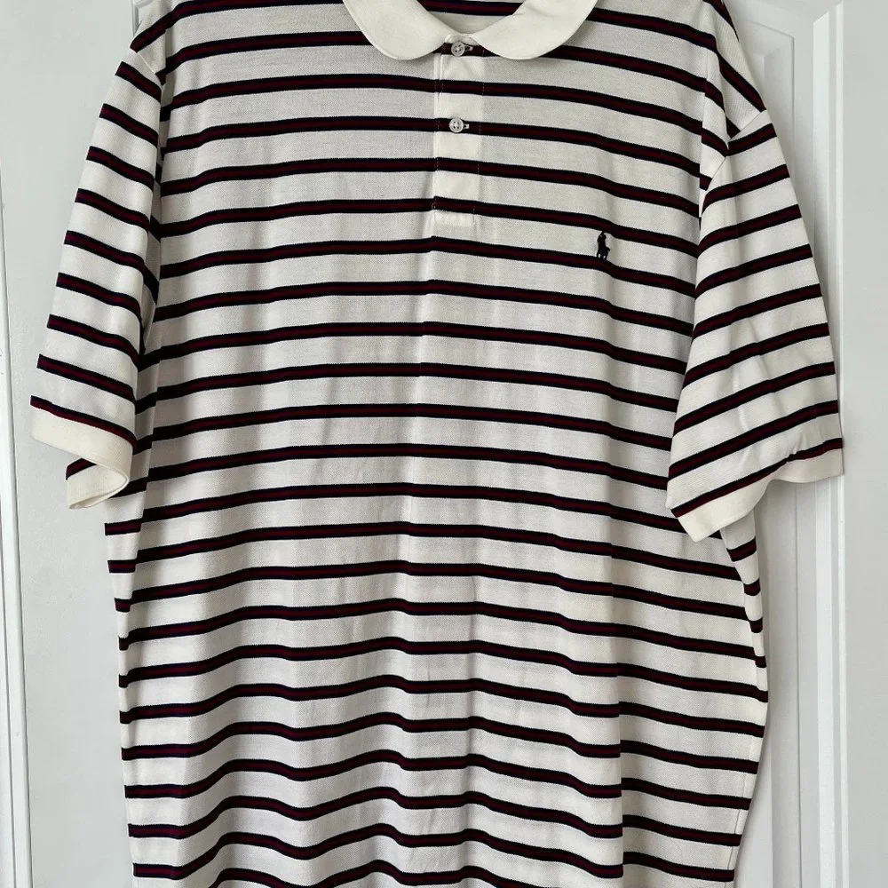 NWOT VTG Polo Ralph Lauren Pima Cotton Striped Polo Shirt White Blue Red 2XL